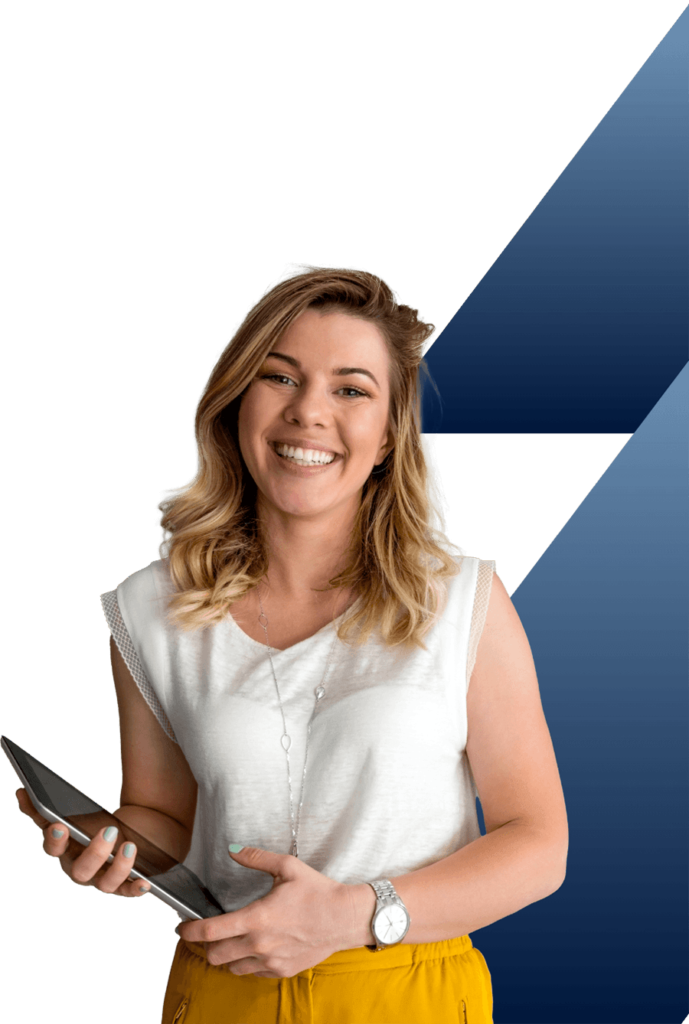 Female attendant with a beautiful smile holding a folder, looking at the customer.